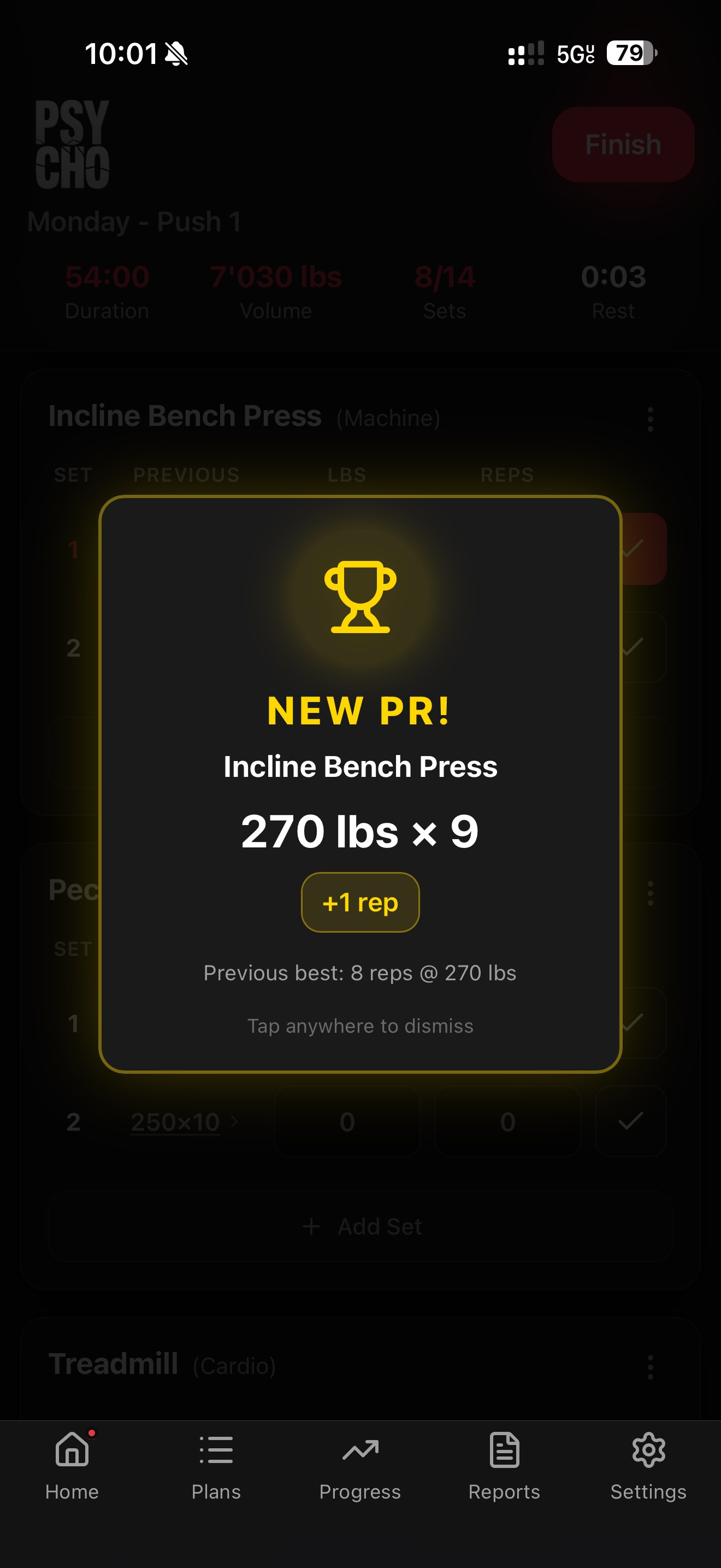 GymPsycho PR Celebration modal showing NEW PR badge with golden trophy, Incline Bench Press 270 lbs x 9 reps achievement with +1 rep improvement indicator