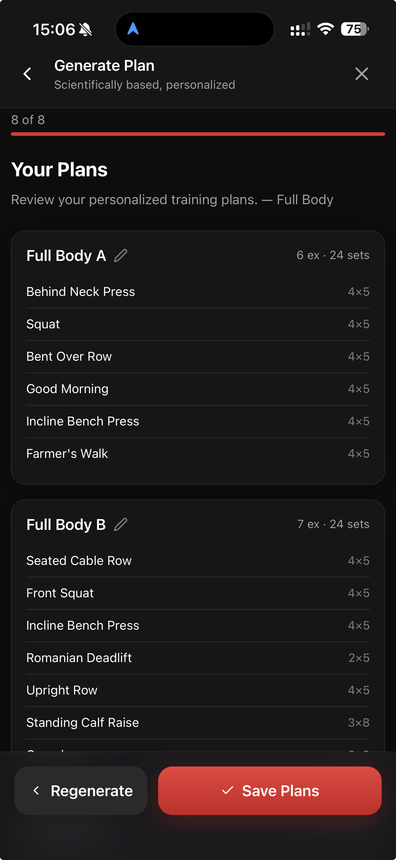 GymPsycho Plan Generator showing personalized Full Body training plans with exercises like Romanian Deadlift, Squat, Bent Over Row - generated in 60 seconds based on 8 science-based questions