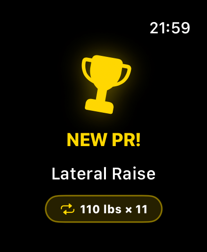 Personal record celebration on Apple Watch: golden trophy, NEW PR, Lateral Raise, 110 lbs times 11