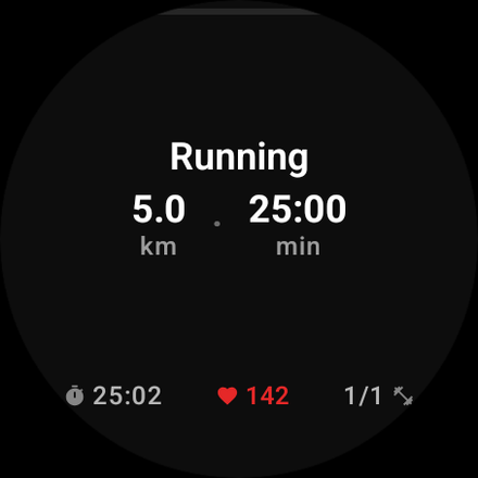Cardio exercise on a Wear OS watch: Running with 5.0 km and 25:00 minutes in large numerals, footer showing duration 25:02 and heart rate 142
