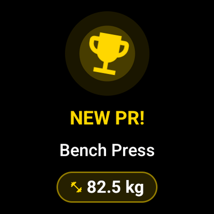Personal record celebration on a Wear OS watch: golden trophy, NEW PR, Bench Press, 82.5 kg